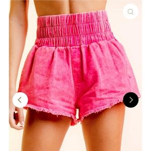 Hot pink acid wash denim shorts